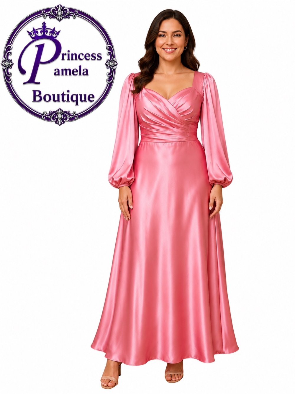 #431 Pinkish Peach-colored, long-sleeved satin A-line gown-Large/Size 14